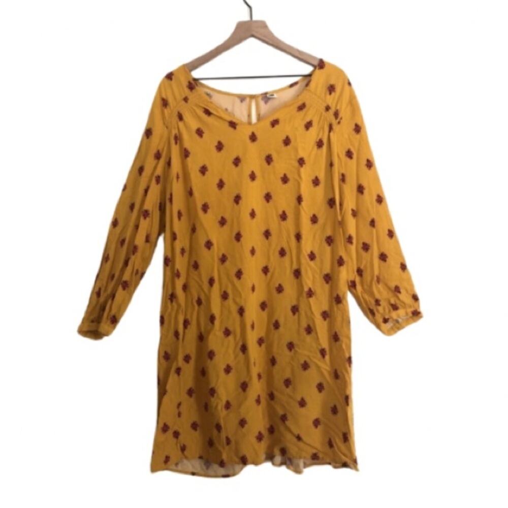 Old Navy Mustard Yellow Red Floral Long Sleeve Keyhole Mini Midi Flowy Dress